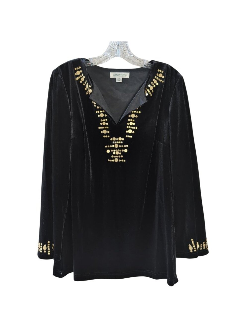 Coldwater Creek Womens 12 Black Velvet Tunic Top Gold Studded Bell Sleeve V Neck